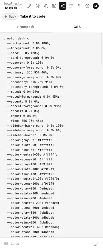 The panel's export view, CSS tab: 253 lines of real design tokens read off the page