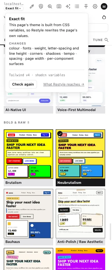 The panel's compatibility note: “Exact fit — this page's theme is built from CSS variables”, with the list of what changes