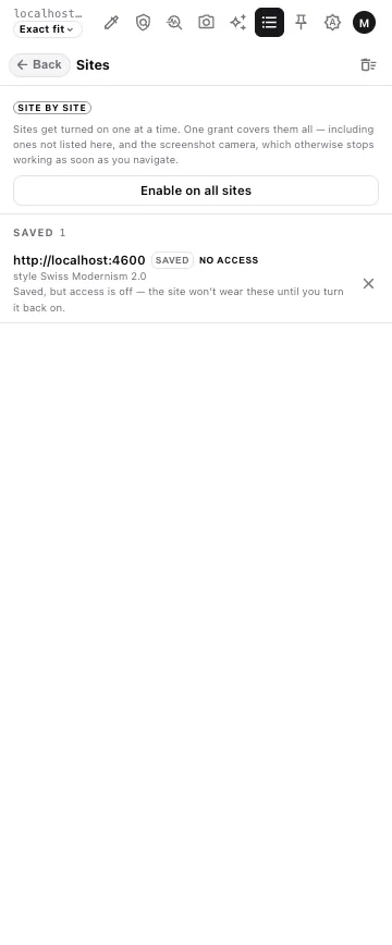 The panel's Sites view: the one enabled origin, what it is wearing, and a control to revoke it