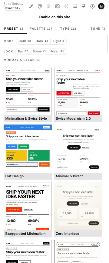 The panel's Preset tab: 83 styles as live previews, grouped by look, with mode and departure filters