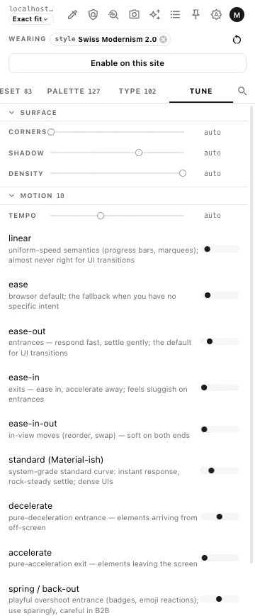 The panel's Tune tab: corner, shadow, density and tempo sliders over ten easing curves, each with a note on what it is for