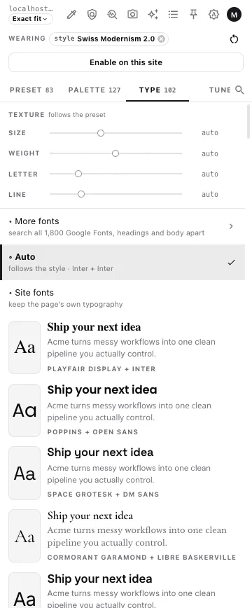 The panel's Type tab: four sliders over a list of font pairings, each rendered on the page's own sentence