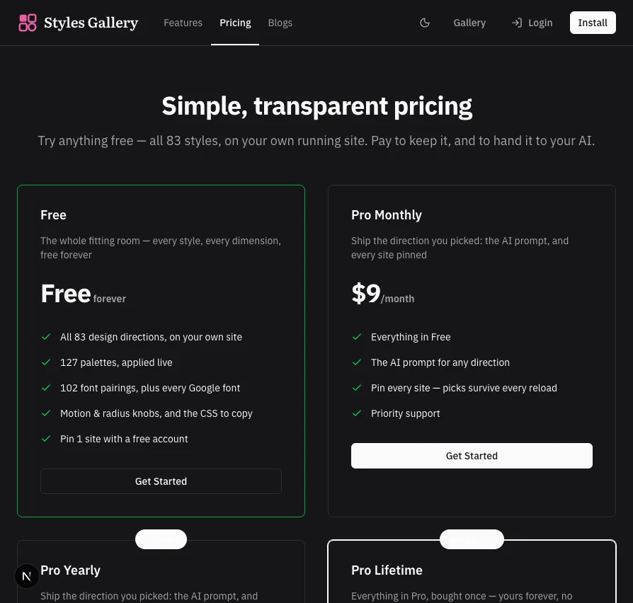 The Styles Gallery pricing page unstyled — default shadcn surfaces, medium corners, a soft shadow
