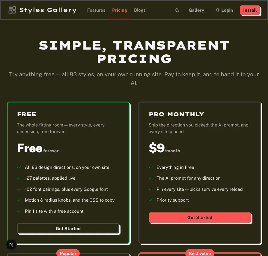 The same pricing page wearing Neubrutalism: hard offset shadows, a coral accent and uppercase headings