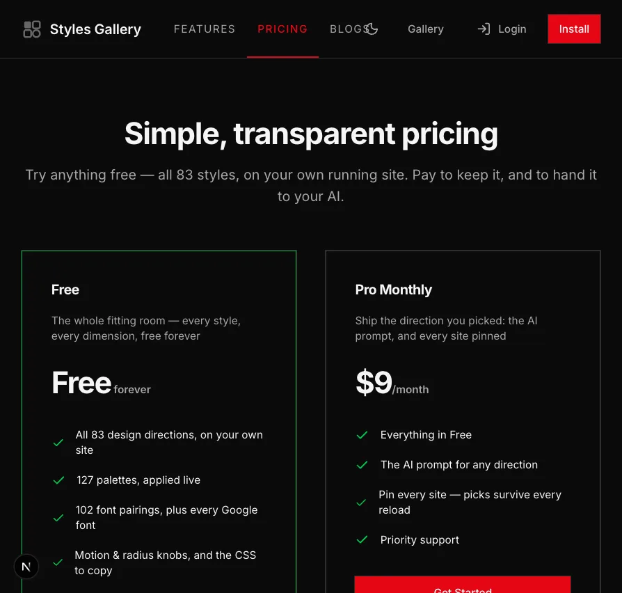 The same pricing page wearing Swiss Modernism 2.0: square corners, letterspaced uppercase nav, a red accent